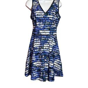 Banana Republic Women's Sleeveless Floral Stripes Blue Black Fit & Flare Dress 6